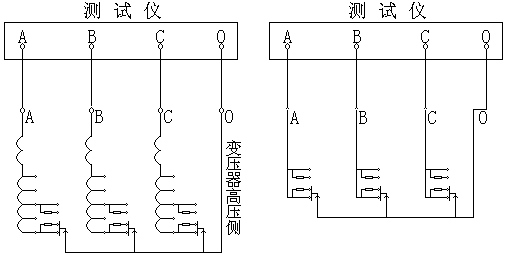 變壓器有載開關(guān)測試儀帶線圈測量接線圖及吊芯測量接線圖